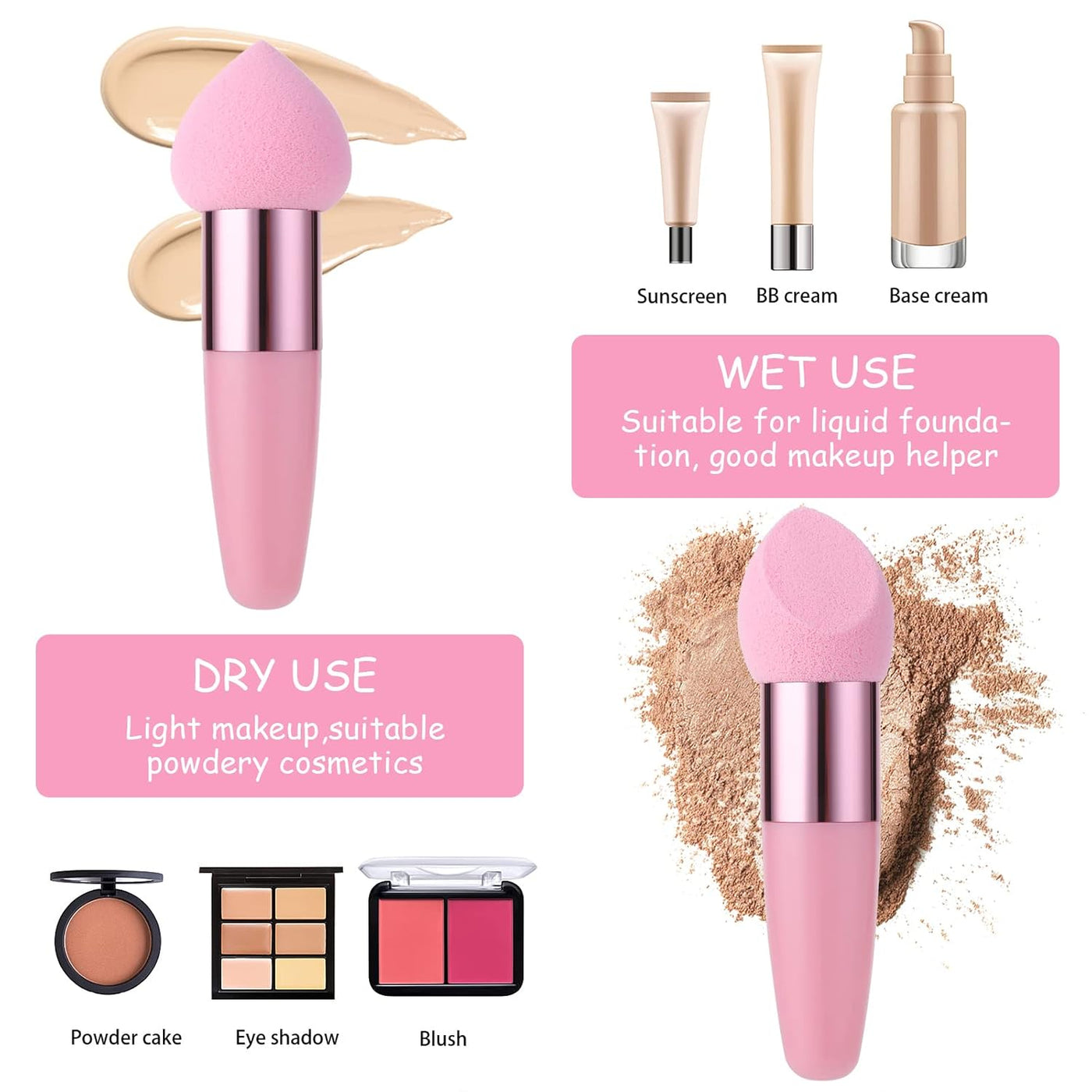 3 PCS Makeup Sponges Foundation Beauty Blender Blending Wet and Dry Make up Applicator Cosmetic Concealer Face Brush Egg Brushes Covers Eyes Sticks Powder Puff with Handle