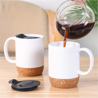 Insulated Coffee Mug Set of 2, 13OZ Travel Coffee Mugs with Cork Bottom and Anti-Splash Lid, Large-Sized Ceramic Coffee Mugs for Women, Men, White
