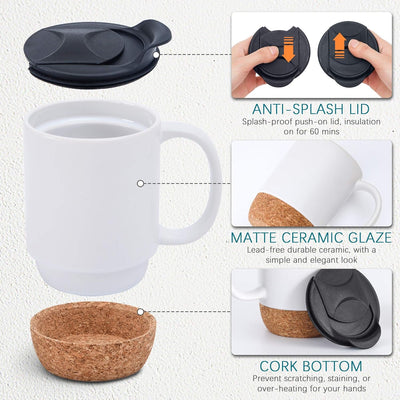 Insulated Coffee Mug Set of 2, 13OZ Travel Coffee Mugs with Cork Bottom and Anti-Splash Lid, Large-Sized Ceramic Coffee Mugs for Women, Men, White