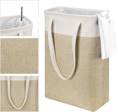 Laundry Hampers Tall Slim Laundry Baskets Thin Foldable Clothes Narrow Hamper for Laundry Storage Organizer Collapsible Hamper with White and Brown Imitated Burlap Patchwork,Qy-Sc24-2
