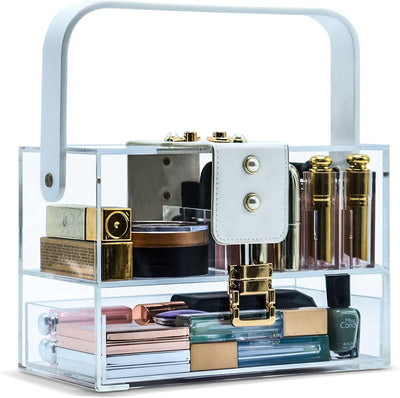 Clear acrylic makeup organizer with large compartments, adjustable dividers, and a lockable, dustproof lid. Features removable slots, a pull-out drawer, and a sleek design ideal for organizing cosmetics and skincare on a vanity.
