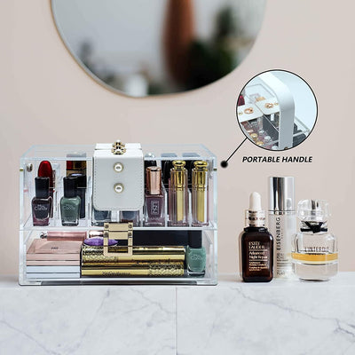 Clear Makeup Organizer, Large Cosmetic Display Cases Skincare Organizers with Drawer,Adjustable Dividers,Removable Slot, Lockable and Dustproof Acrylic Makeup Holder for Vanity Organizers and Storage