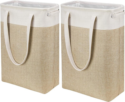 Laundry Hampers Tall Slim Laundry Baskets Thin Foldable Clothes Narrow Hamper for Laundry Storage Organizer Collapsible Hamper with White and Brown Imitated Burlap Patchwork,Qy-Sc24-2