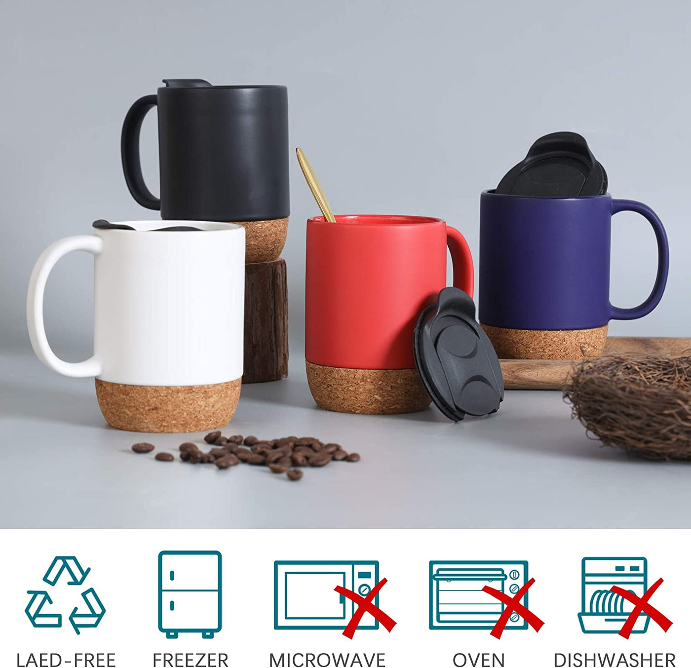 Insulated Coffee Mug Set of 2, 13OZ Travel Coffee Mugs with Cork Bottom and Anti-Splash Lid, Large-Sized Ceramic Coffee Mugs for Women, Men, White