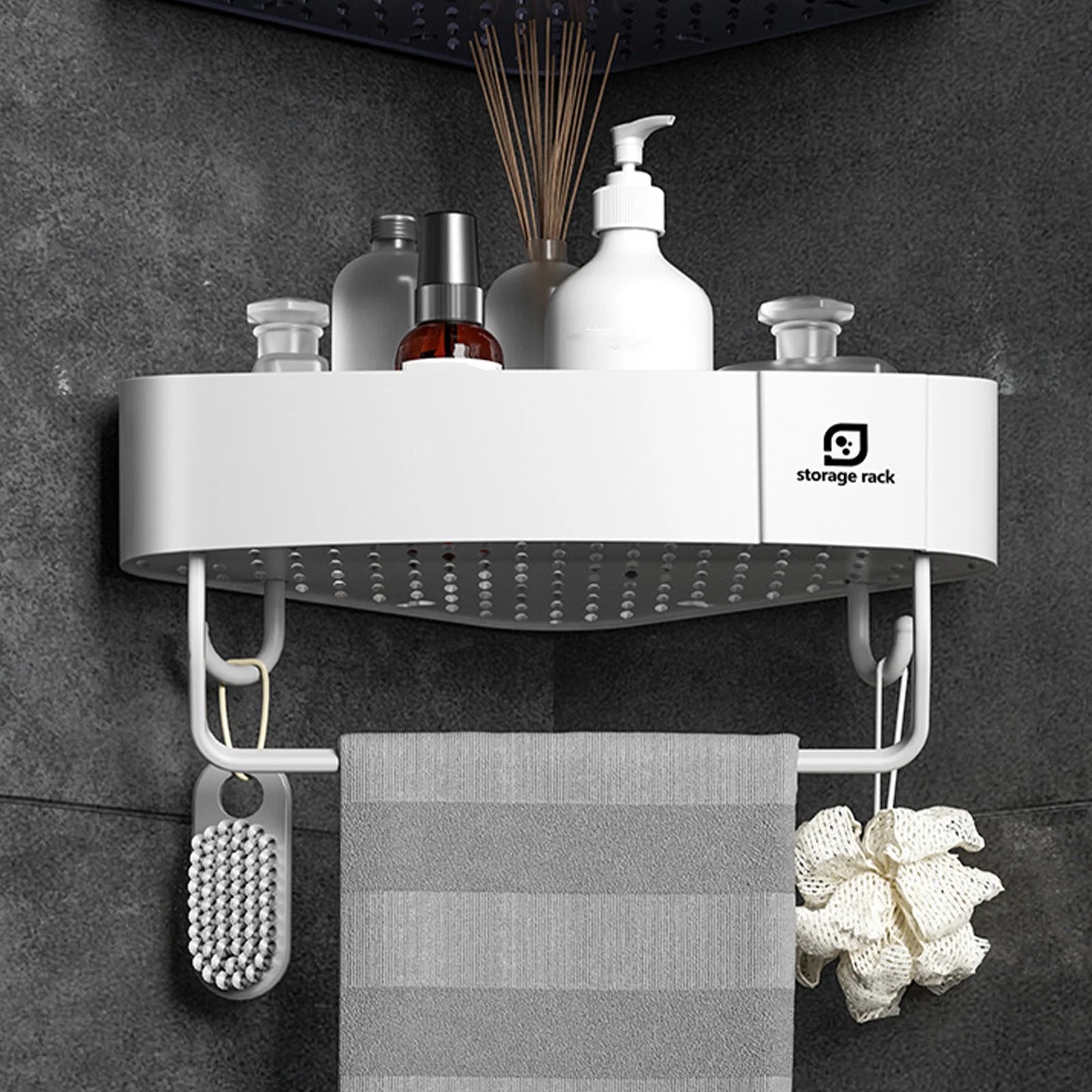 Corner Shower Caddy, Adhesive Shower Organizers, Rustproof Shower Shelves with 2 Hooks, Bathroom Organizers and Storage Racks, Space-Saving