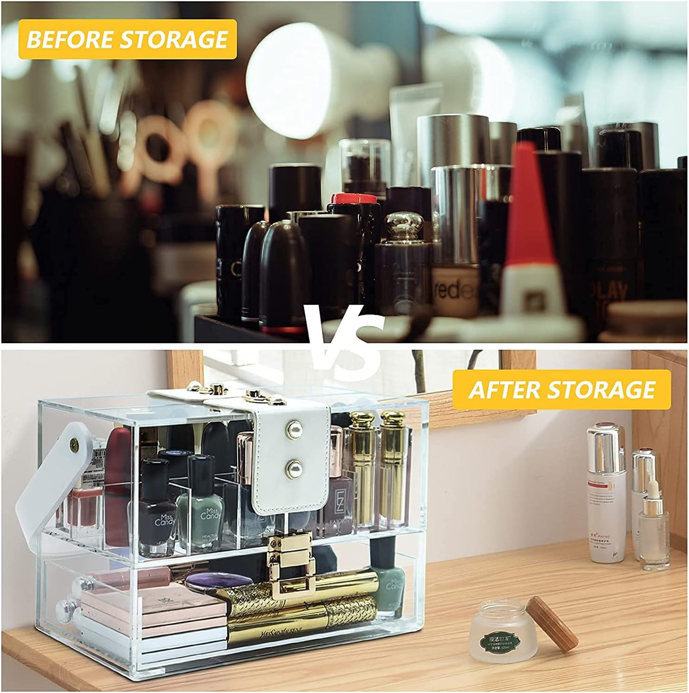 Clear Makeup Organizer, Large Cosmetic Display Cases Skincare Organizers with Drawer,Adjustable Dividers,Removable Slot, Lockable and Dustproof Acrylic Makeup Holder for Vanity Organizers and Storage