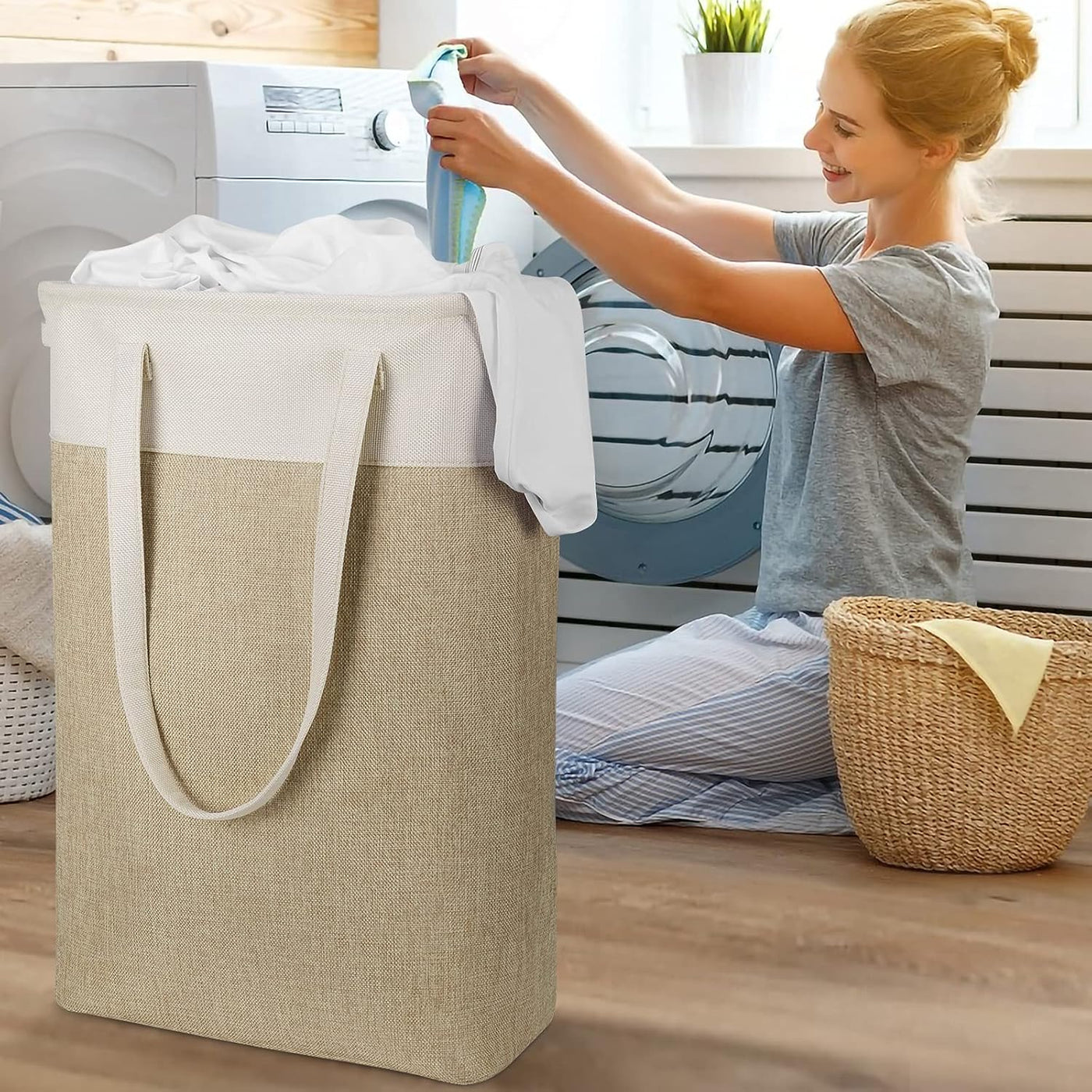 Laundry Hampers Tall Slim Laundry Baskets Thin Foldable Clothes Narrow Hamper for Laundry Storage Organizer Collapsible Hamper with White and Brown Imitated Burlap Patchwork,Qy-Sc24-2
