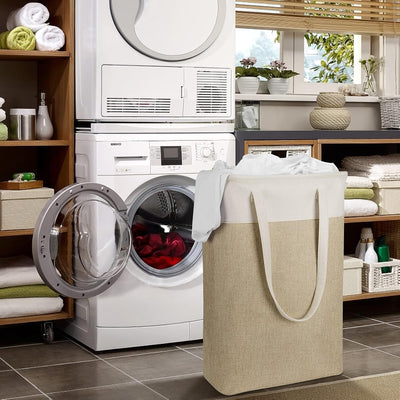 Laundry Hampers Tall Slim Laundry Baskets Thin Foldable Clothes Narrow Hamper for Laundry Storage Organizer Collapsible Hamper with White and Brown Imitated Burlap Patchwork,Qy-Sc24-2