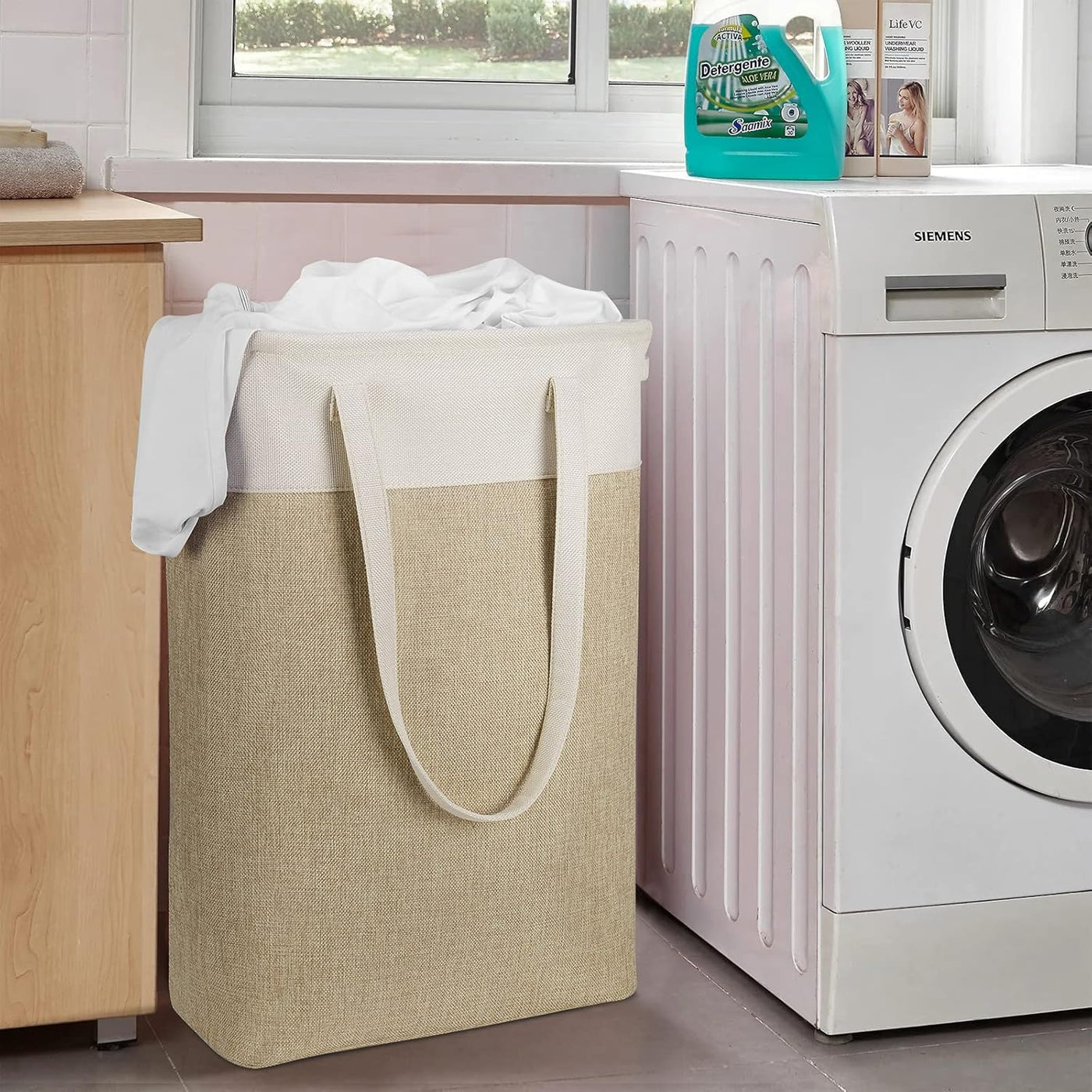 Laundry Hampers Tall Slim Laundry Baskets Thin Foldable Clothes Narrow Hamper for Laundry Storage Organizer Collapsible Hamper with White and Brown Imitated Burlap Patchwork,Qy-Sc24-2