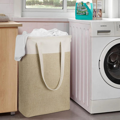 Laundry Hampers Tall Slim Laundry Baskets Thin Foldable Clothes Narrow Hamper for Laundry Storage Organizer Collapsible Hamper with White and Brown Imitated Burlap Patchwork,Qy-Sc24-2